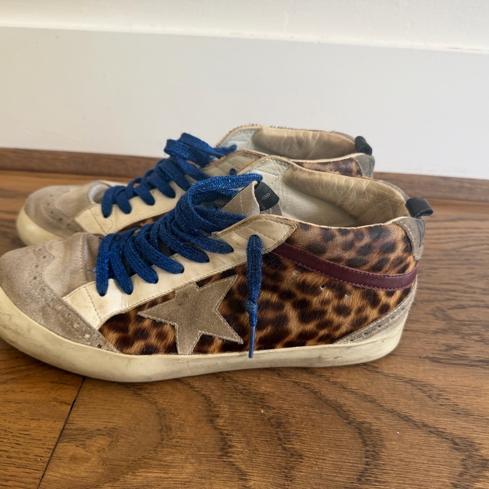 Golden Goose Leopard Print Mid Star Sneakers with Blue Laces